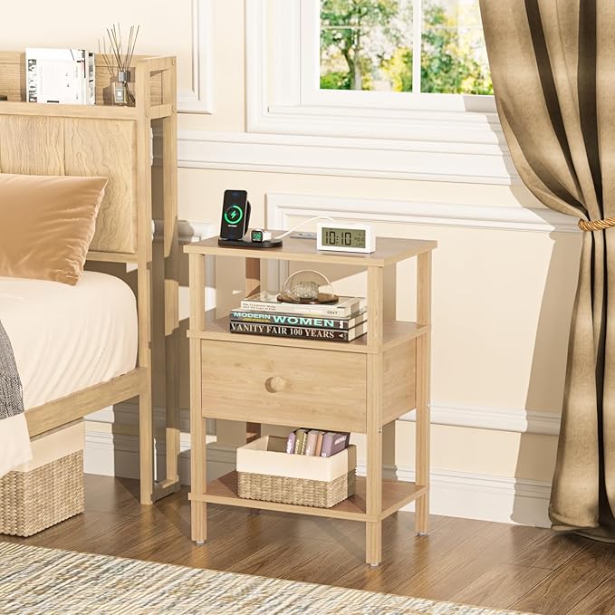 Lerliuo Nightstand with Charging Station and USB Ports, 3-Tier Storage End Table with Drawer Shelf, Night Stand for Small Spaces, Wood Bedside Table for Living Room, Bedroom - Natural Wood
