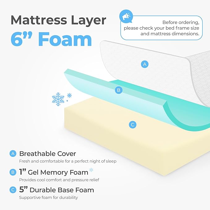 Neo Sleep 6 Inch Queen Cooling Gel Memory Foam Mattress Medium Firm CertiPUR-US Certified Foam, Mattress in a Box Enhanced Pressure Relief Removable Soft Cover No Fiberglass (Queen, 6 in)