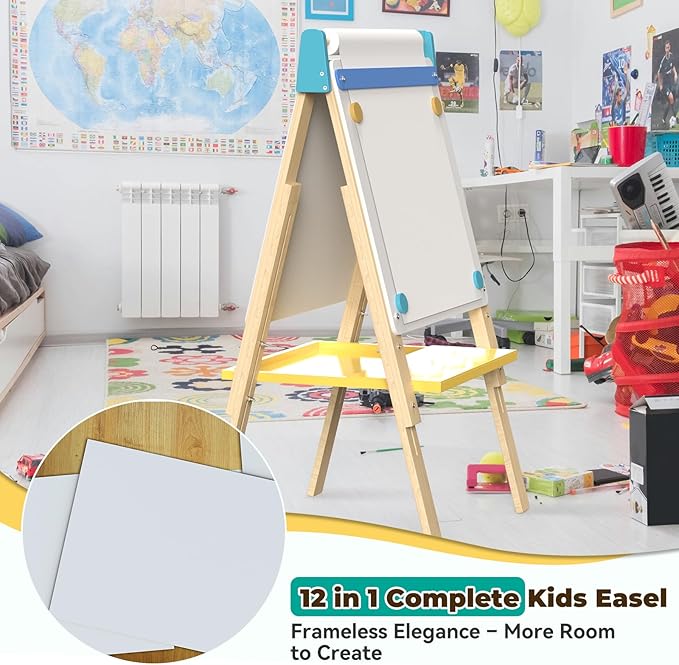 Art Easel for Kids 12 in 1 with Chalkboard & Magnetic Whiteboard - Height Adjustable, Frameless Design, Includes Paints, Brushes, Markers, Chalk, Eraser, Magnetic Letters, Paper Roll, and Storage Tray