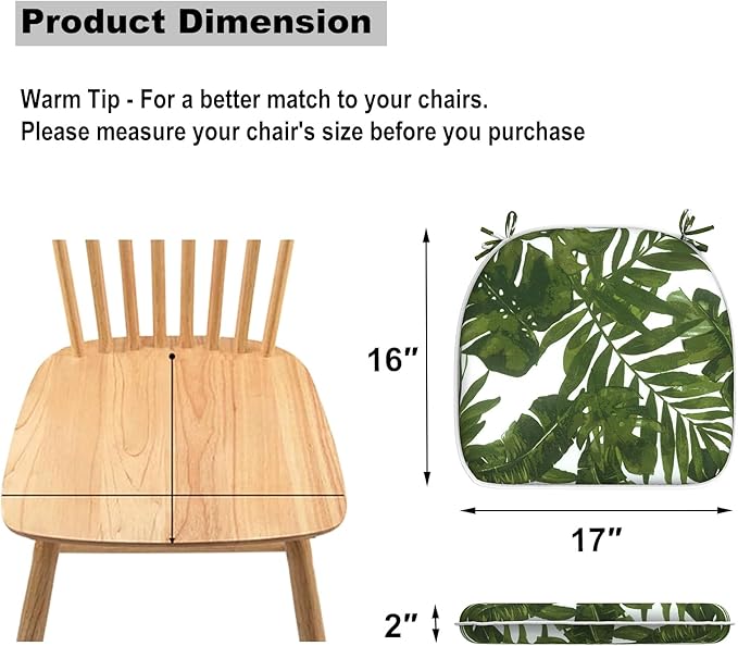 Set of 2 Outdoor Chair Cushions with Ties,Water Repellent Patio Chair Pads 17"x 16" for Outdoor Furniture,Round Corner Seat Cushions for Garden Yard Kitchen Palm Green