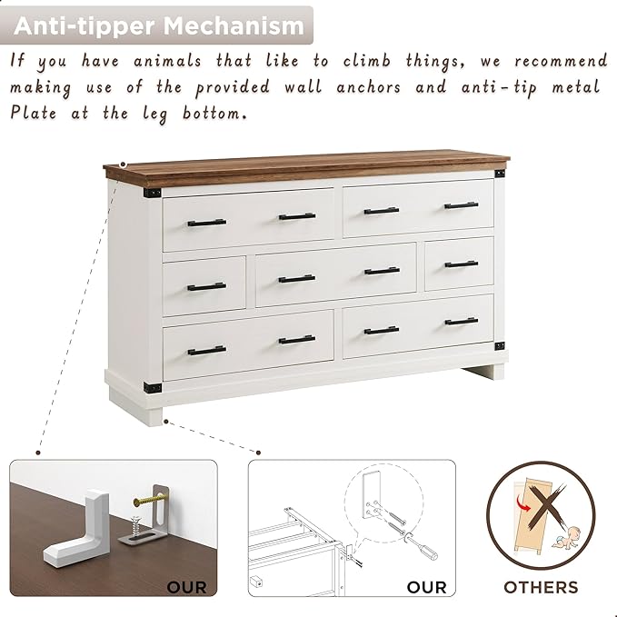 Farmhouse 7 Drawer Dresser for Bedroom - Wood Large Dressers & Chests of Drawers for Closet, 54 Inch Long Dresser with Storage for Bedroom, Living Room, Antique White