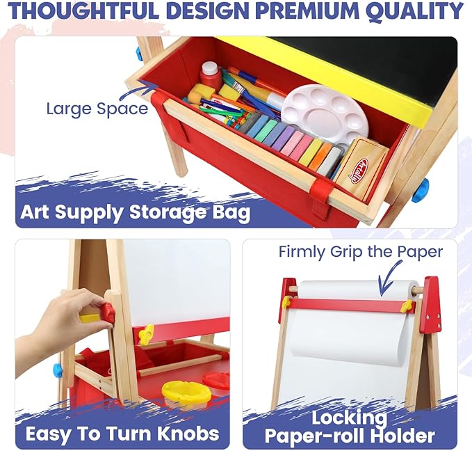 Art Easel for Toddlers Kids, Adjustable Standing Art Easel with Magnetic Chalkboard & Whiteboard, Dry-Erase Board, Paper Roll, Drawing & Painting Easel for Kids Ages 3 4-8 9-12, Red w/Bag
