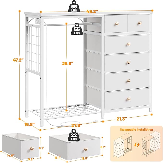 EnHomee 49.2" W White Dresser for Bedroom with Hanging Rack, 6 Drawers Dresser with LED Lights & Charging Station, Fabric Dressers & Chest of Drawers with Clothes Rack, Wooden Top, Grid Panel, Closet