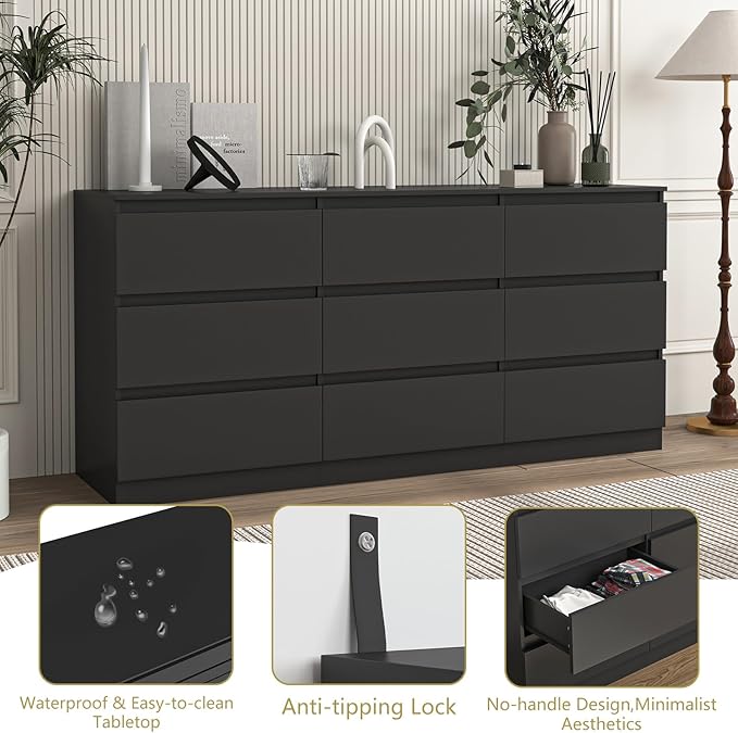 Black Dresser for Bedroom, Modern Long 9 Drawer Dresser with Deep Drawer, Wide Wood Storage Chest of Drawer for Living Room