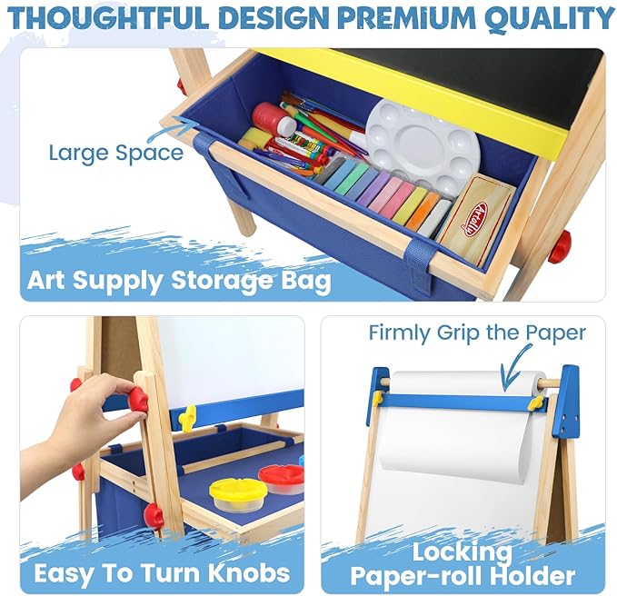 Art Easel for Toddlers Kids, Adjustable Standing Art Easel with Magnetic Chalkboard & Whiteboard, Dry-Erase Board, Paper Roll, Drawing & Painting Easel for Kids Ages 3 4-8 9-12, Blue w/Bag