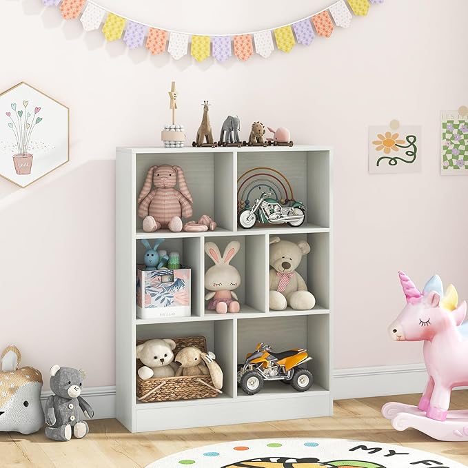 Costzon Wooden Toy Storage Organizer, 7-Cube Kids Bookshelf w/ 2 Anti-Toppling Kits, 3 Tier Open Shelves & Non-Slip Foot Pads, Book Shelf for Kids Rooms, Playroom, Classroom, Nursery (White)