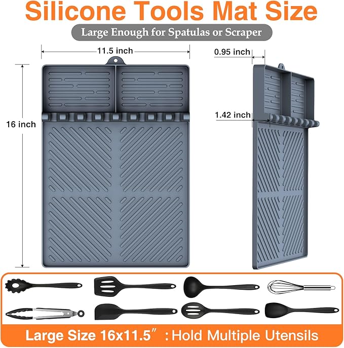 Silicone Griddle Tools Mat for Blackstone, Griddle Accessories Side Shelf Mat Grill Pad for Outdoor Grill Kitchen Counter Spatula Silicone Mat with Drip Pad (Grey (2Packs))