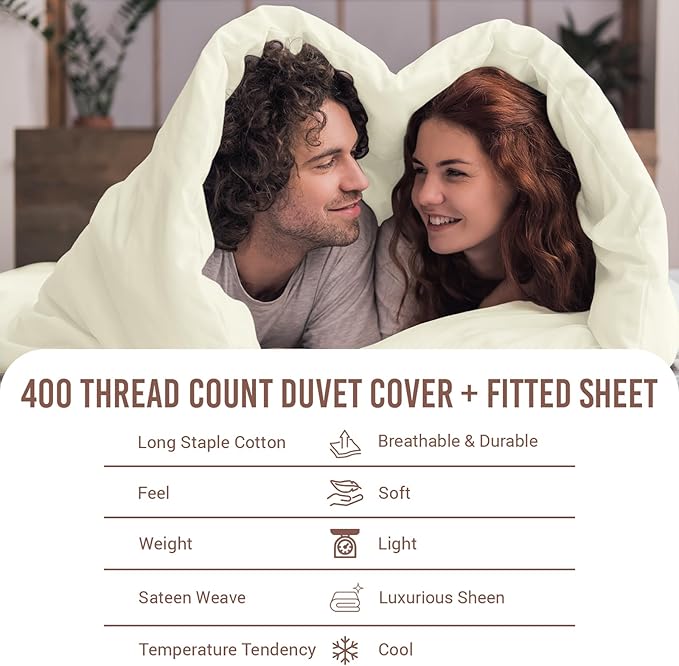 Pizuna 100% Cotton Full 3 Pc Duvet Cover + 1 Pc Fitted Sheet Set 400 Thread Count Off White Sateen Weave Luxurious Long Staple Cotton 4 Piece Bedding Set -1 Duvet Cover, 2 Pillow Shams, 1 Fitted Sheet
