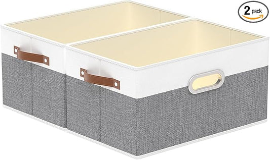 Yawinhe Foldable Storage Baskets for Shelves, Fabric Closet Organizers, Bins with 3 Handles, Cubes for Clothes, White/Grey, 15''Lx9.8''Wx8.3''H, 2-Pack
