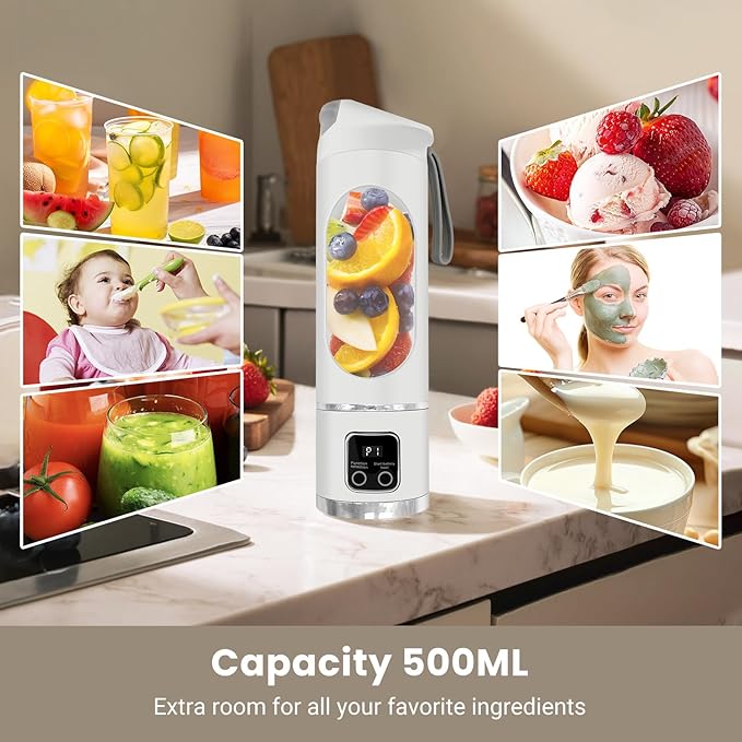 Portable Personal Electric Blender，500ML Portable Shakes and Smoothies Blender，Small Blenders、Mixing、Compact、Convenient and Versatile(White)