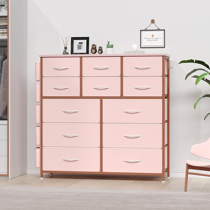 Dresser for Bedroom with 12 Drawers, Tall Dresser Chest of Drawers with 5 Side Pockets and Hooks, Wooden Top Fabric Dresser Storage Tower for Closet, Hallway, Living Room, Pink
