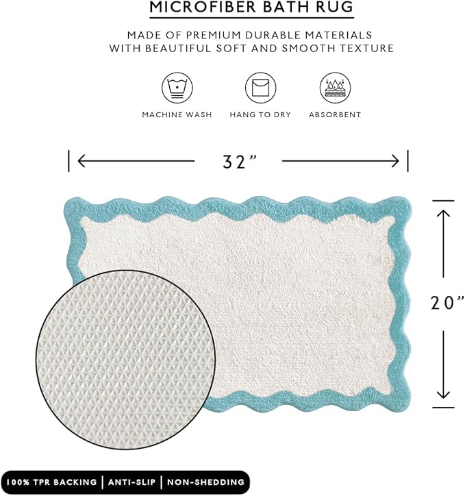 MONDAY MOOSE Bath Mat with Scalloped Wavy Ripple Design, Microfiber Absorbent Non Slip Tufted Rug for Floor, Shower or Kitchen (20x32 inch, Sky Blue)