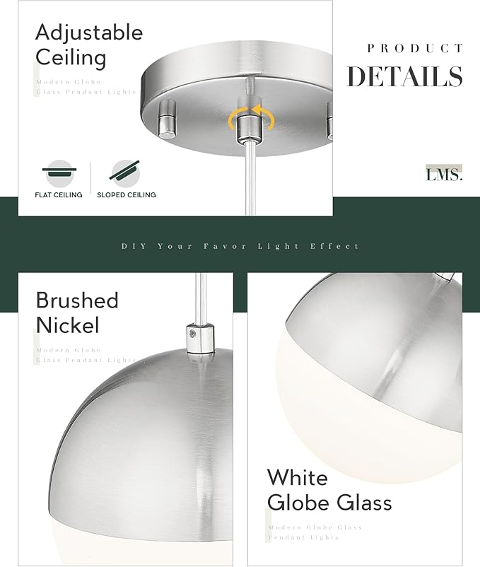 LMS Mid Century Pendant Lights, Brushed Nickel Kitchen Island Light Fixtures with White Globe Glass Shade, Adjustable Hanging Cord, 2-Pack for Home Office Dining Room Bathroom, LMS-186PL-BNWS2PK