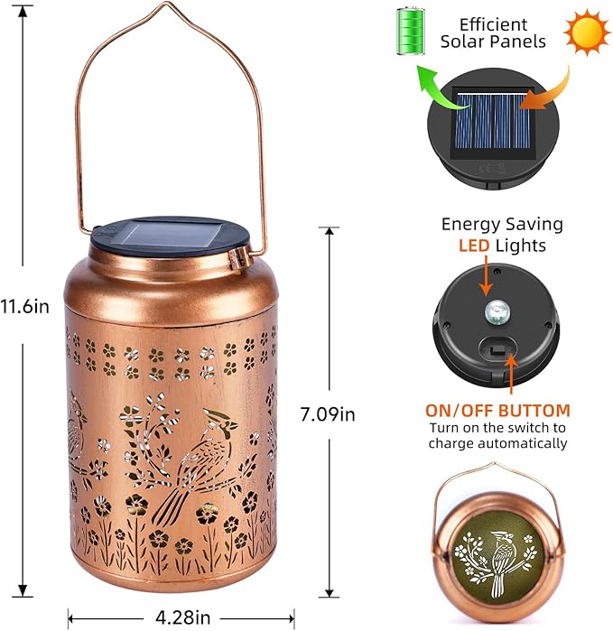 Cardinal Solar Lanterns Outdoor Waterproof Garden Decor-Birthday Gifts for Women Men Mom Grandma Cardinal Hanging Solar Lights Metal Bird Decorative Lantern for Yard, Patio, Lawn,Pathway, Landscape