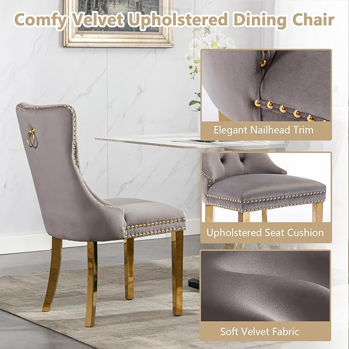 Goujxcy 5 Piece Glass Dining Table Set Modern Small Glass Dining Table Set for 4, 35.43" Square Kitchen Table and 4 Velvet Upholstered Chairs for Kitchen Dining Room, Gold & Grey