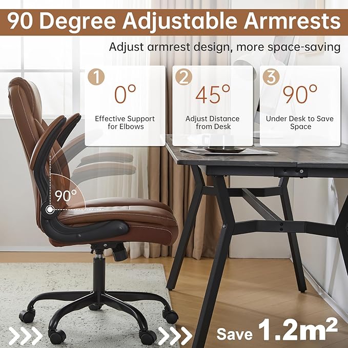YFO Leather Office Ergonomic Home Office Desk Chair, Back Support Swivel Executive Office Chair with Wheels and Flip-Up Armrests, Small Gaming Chair with Adjustable Rocking Function, Brown