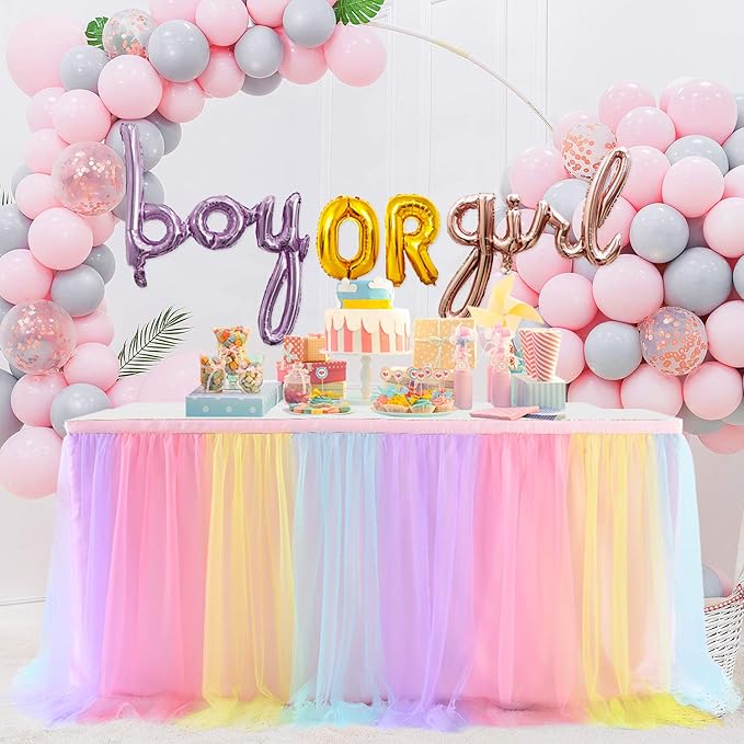 Suppromo Rainbow Table Skirt for Birthday Party 6ft Unicorn Tulle Tutu Table Skirt for Baby Shower Girl Boy Gender Reveal Rainbow Tablecloth Desk Skirt for Unicorn Party Decorations(L6(ft) H 30in)