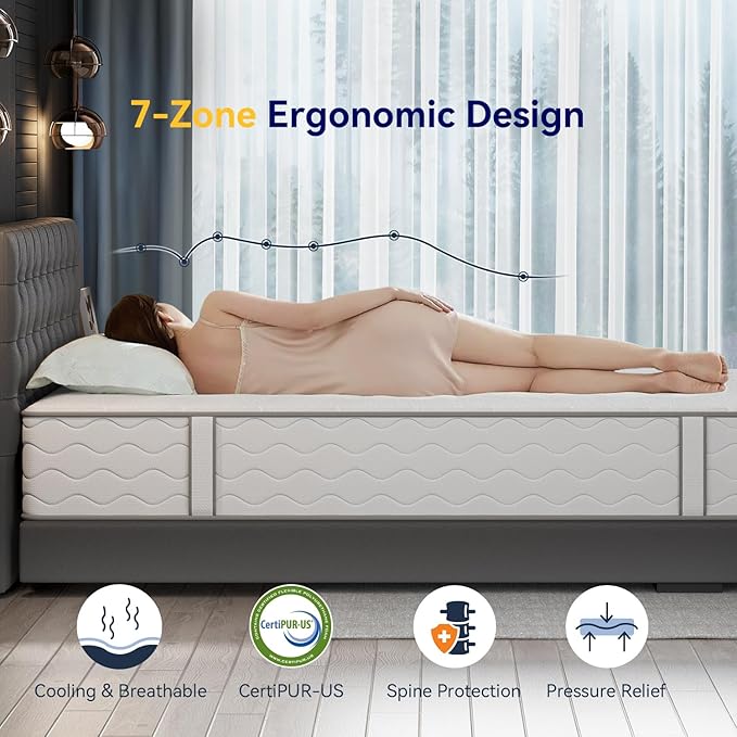 12 Inch King Hybrid Mattress, 7-Zone Green Tea & Charcoal Cooling Gel Memory Foam Mattress in a box,Pocketed Springs for Isolate Motion, Pressure Relief, CertiPUR-US Certified, Support Comfort
