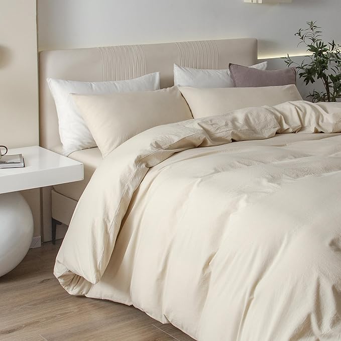 JIYUAN 100% Washed Cotton Duvet Cover Set 3 Pieces King, 1 Duvet Cover 104x90 Inches(Comforter Not Included) and 2 Pillowcases,Linen Feel Bedding Set Comfy and Breathable,Heathered Beige