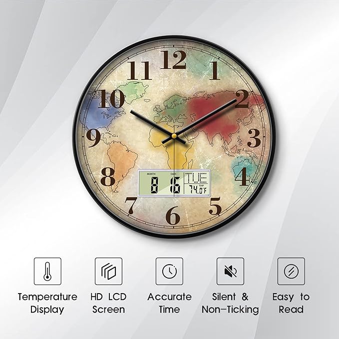 Modern Round Retro Digital and Analog Wall Clock Silent Calendar Colorful World Map Vintage Clocks with Date and Temperature Week Quiet Non-Ticking Kid Room Office Kitchen Decor for Bedroom 12 Inch