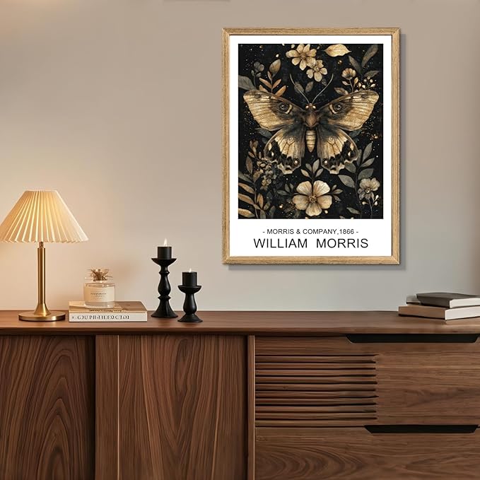 Cyebmo William Morris Wall Art, Vintage Floral Wall Decor, Dark Botanical Art Prints, Butterfly Bee Dragonfly Nature Artwork for Living Room Bedroom Bathroom Wood Framed Ready to Hang 12"x16"x3