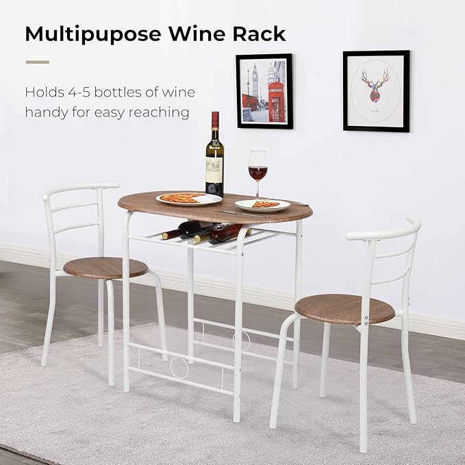 VINGLI 3 Piece Dining Set,Small Kitchen Table Set for 2,Breakfast Table Set,Kitchen Wooden Table and 2 Chairs for Small Space/Dining Room/Apartment,Metal Frame,Wine Rack,White&Warm Oak
