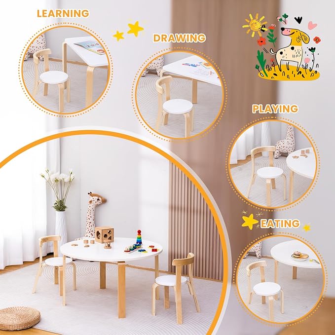 Swegrow Wooden Kids Chair, Toddler Chair for Table, Kids Stackable Chairs, Kid Wooden Furniture for Family/Playroom/Classroom（Set of 4-White）