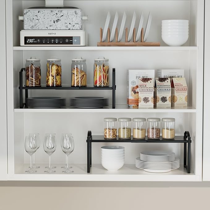 Expandable Cabinet Organizer Shelves, Countertop Shelf Organizers Storage for Kitchen Pantry, Spice Organization Rack, Desk Shelf, 2 Pack Stackable