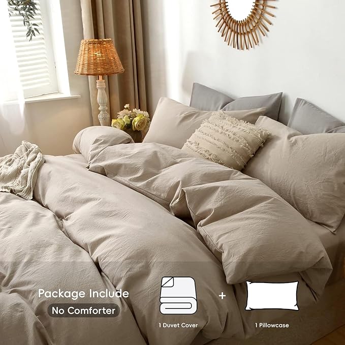 MooMee Bedding Duvet Cover Set 100% Washed Cotton Linen Like Textured Breathable Durable Soft Comfy (Heathered Taupe, Full 80"x90")