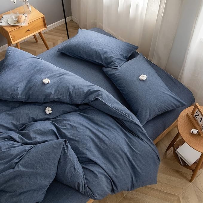 FACE TWO FACE Bedding Duvet Cover Set100% Washed Cotton Duvet Cover Linen Like Textured Breathable Durable Soft Comfy(Twin, Navy Blue)