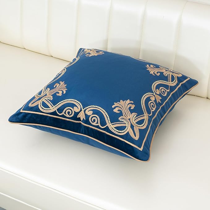 Aeckself European Floral Pillow Cover 20x20 Inch, Luxury Velvet Embroidered Decorative Throw Pillow Cover for Couch Bedroom Living Room, Navy Blue and Gold, Yw-OBYG-Blue5050