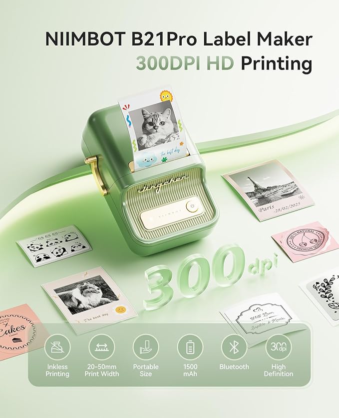 NIIMBOT B21 Pro Label Maker, 300DPI HD Label Printer, Ideal for Notes,Photos, Study Graphics, Memo Maker,50x30mm Label,230Pcs(Pine Green)
