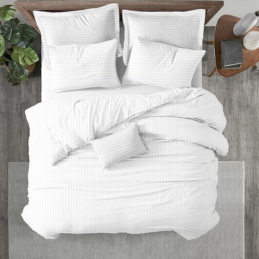 Kotton Culture 3 Pc King Size Duvet Cover Set- 100% Egyptian Cotton Sateen 600 Thread Count Ultra Soft Premium Durable Comforter Cover Zipper Closure & Corner Ties (Striped White, King 102"x94")
