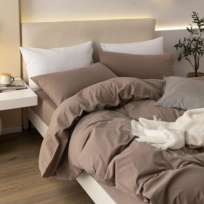 JIYUAN 100% Washed Cotton Duvet Cover Set 3 Pieces Oversized Queen, 1 Duvet Cover 98x98 Inches(Comforter Not Included) and 2 Pillowcases,Linen Feel Bedding Set Comfy and Breathable,Light Brown