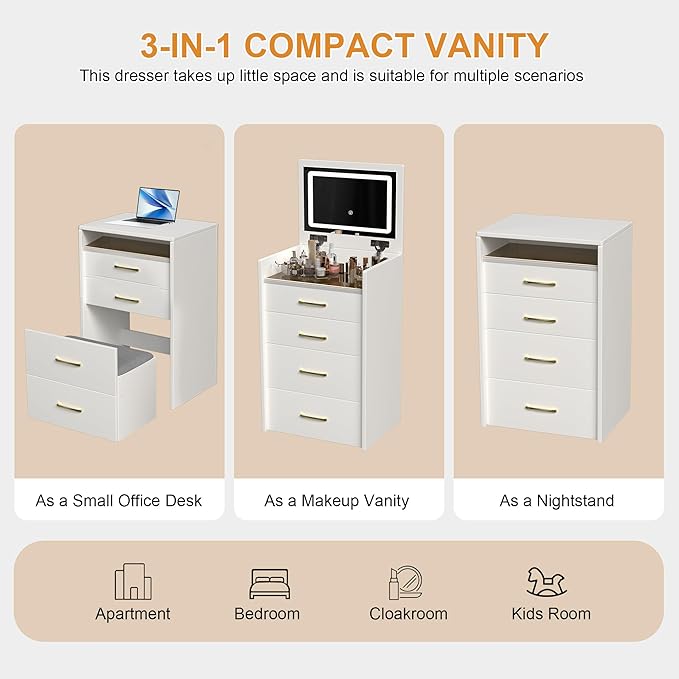 Ball & Cast 3-in-1 Vanity Desk with Flip Mirror & Glass Desktop,3 Dimmable Colors Light Compact Makeup Vanity Table Set w/3 Deep Drawers,Adjustable Brightness Dressing Table for Women Girls Bedroom