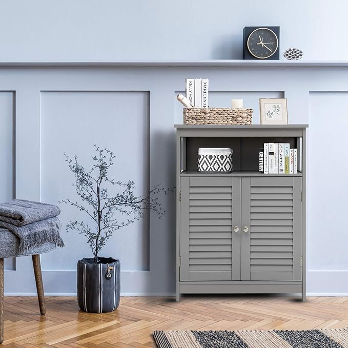 GLACER Bathroom Floor Cabinet, Wooden Storage Cabinet with Double Shutter Doors & 3-Position Adjustable Shelf, Side Storage Organizer Cabinet, 23.5 x 12 x 31.5 inches (Grey)
