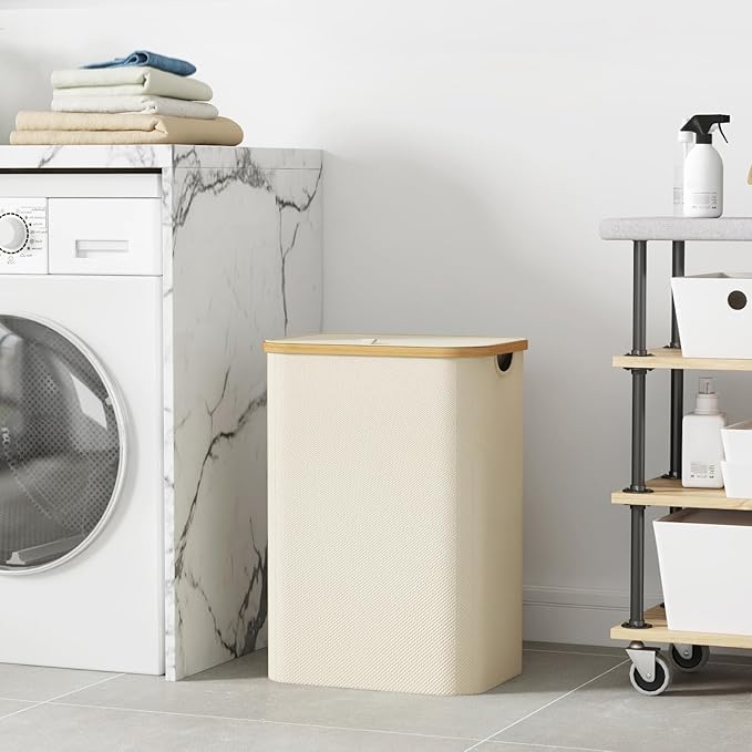 Lifewit 80L Laundry Basket with Lid, Clothes Hampers with Bamboo Handles and A Removable Laundry Bag, Large Foldable Hamper for Bedroom, Bathroom, Dorm, LaundryRoom, White
