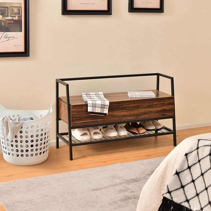 Giantex 3-in-1 Shoe Storage Bench, Rustic Brown, Metal Frame, 440 lbs Capacity, Anti-Toppling Devices, 3 Functional Areas