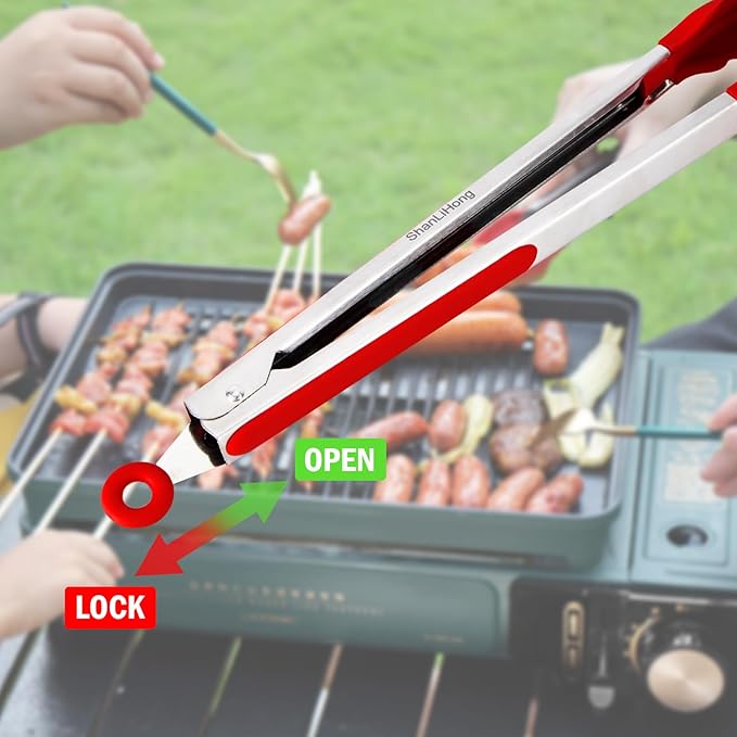 Silicone Kitchen Tongs for Cooking - 9+12 Inch Heat-Resistant Stainless Steel Cooking Tongs with Non-Slip Handle, Non-Scratch Tips for Grilling, BBQ, Salad & Air Fryer - 2-PieceRedSet