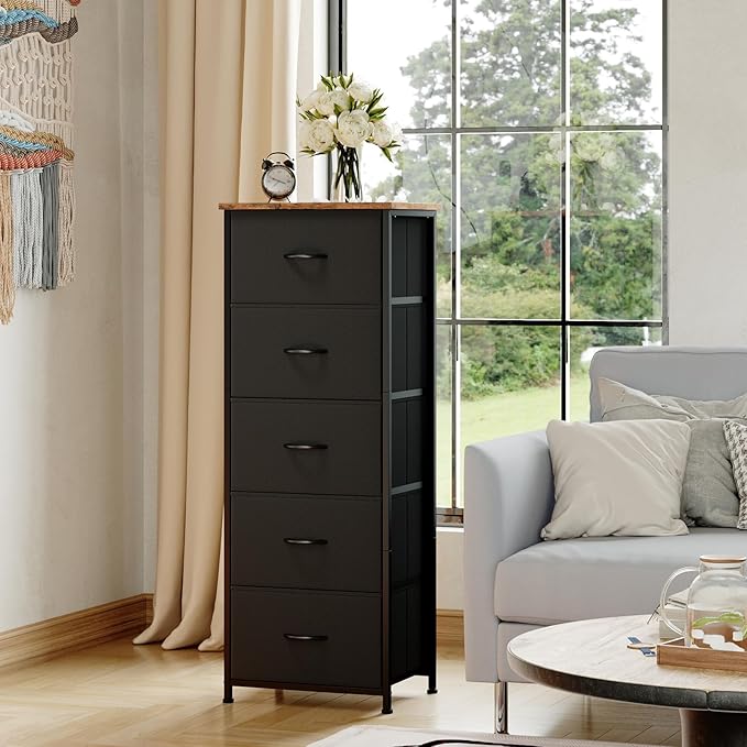 Somdot Tall Dresser for Bedroom with 5 Drawers, Storage Organizer Chest of Drawers with Removable Fabric Bins for Closet Bedside Nursery Laundry Living Room Entryway Hallway, Black Rustic Brown