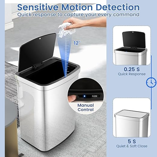S AFSTAR Automatic Trash Can, 13 Gallons Stainless Steel Garbage Can Trash Bin with Quick & Soft Close Lid, Deodorizer Compartment, Touchless Motion Sensor Trash Can for Kitchen Bathroom Office