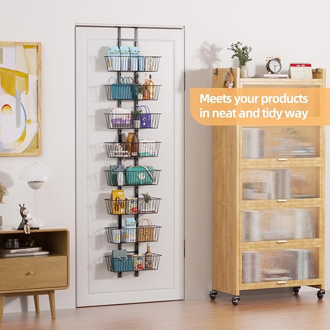 8-Tier Over the Door Organizer with Baskets - Metal Spice Rack Hanging Storage Rack for Pantry, Kitchen, Spices & Laundry, Adjustable Shelves, Heavy Duty Hanging Storage Organizer Door Mount, Black