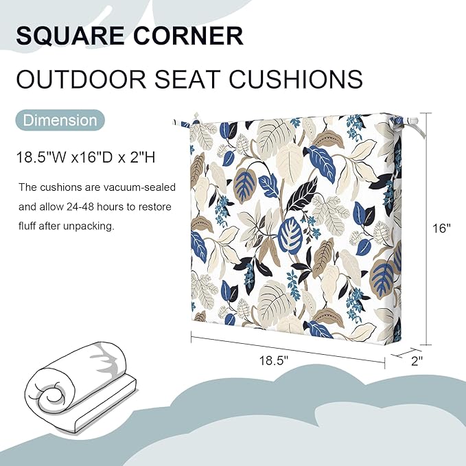 Set of 4 Outdoor Square Chair Cushions 18.5"x16"x2" for Patio, Water Resistant Patio Dining Seat Pads Replacement for Kitchen Garden and Outdoor Furniture Decoration - Breeze Leaves Beige