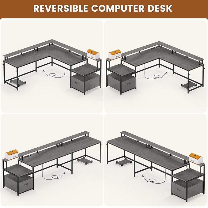 SEDETA L Shaped Office Desk, 66" Home Office Desk with File Drawer & Power Outlet, Gaming Desk with Led Lights, Corner Computer Desk with Monitor Shelf, Printer Storage Shelves, Two Person Desk, Grey