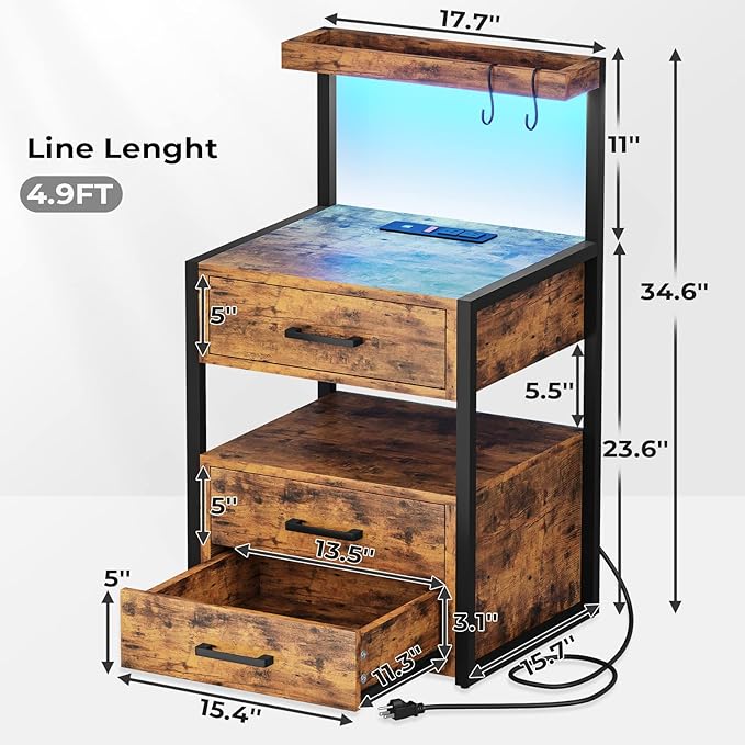 AOGLLATI Nightstand Set of 2 with Charging Station and LED Lights, Bedside Table with 3 Drawers and Open Storage Shelves, 2 USB Ports and 2 AC Outlets, LED Night Stand for Bedroom, Rustic Brown