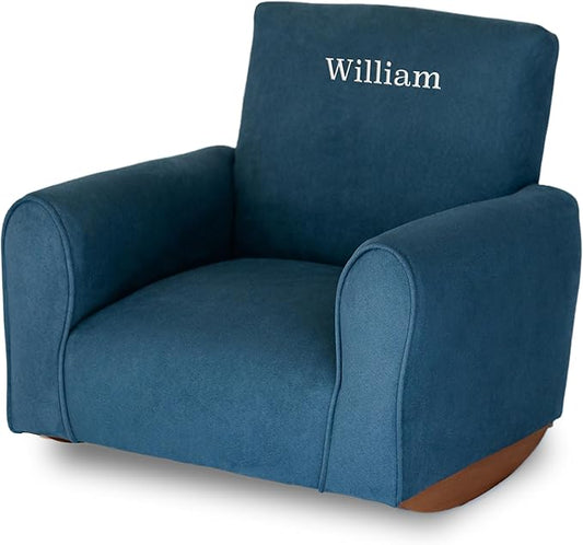Toddler Personalized Armchair, Kids Upholstered Rocking Chair with Personalization, Toddler Chair with Personalized Name, Comfy Child Armchair, (Navy Suede, Rockers)