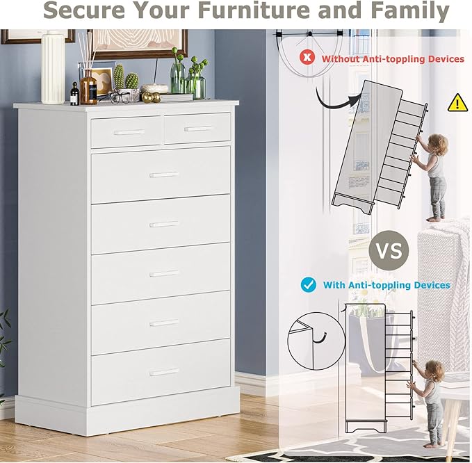 EPHEX White Tall Dresser with 7 Drawers for Bedroom, Storage Tower Clothes Organizer, Modern Chest of Drawers with Sturdy Pedestal, 27.6'' W x 15.8'' D x 44.1'' H