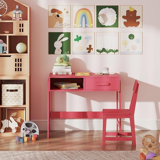 HONEY JOY Kids Desk and Chair Set, Wooden Children School Study Table and Chair w/Storage Drawer & Hutch, Student Writing Desk Computer Workstation for Bedroom, Gift for 3+ Years Old (Pink)