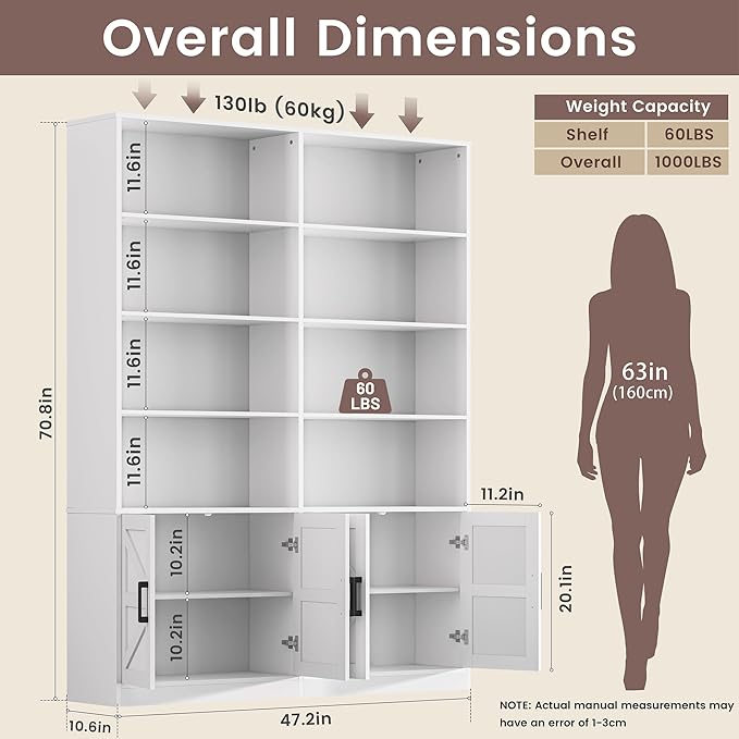 Farmhouse Bookshelf and Bookcase with 4 Doors Set of 2, 6 Tier Large Book Shelf with Storage Cabinets, Floor Standing Display Shelves, 71” Tall Book Case for Home Office, White