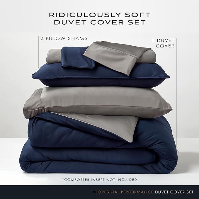 SHEEX Original Performance Cooling Duvet Cover Set, Lightweight Full/Queen Duvet Cover with 2 Standard Pillow Shams, Navy/Graphite